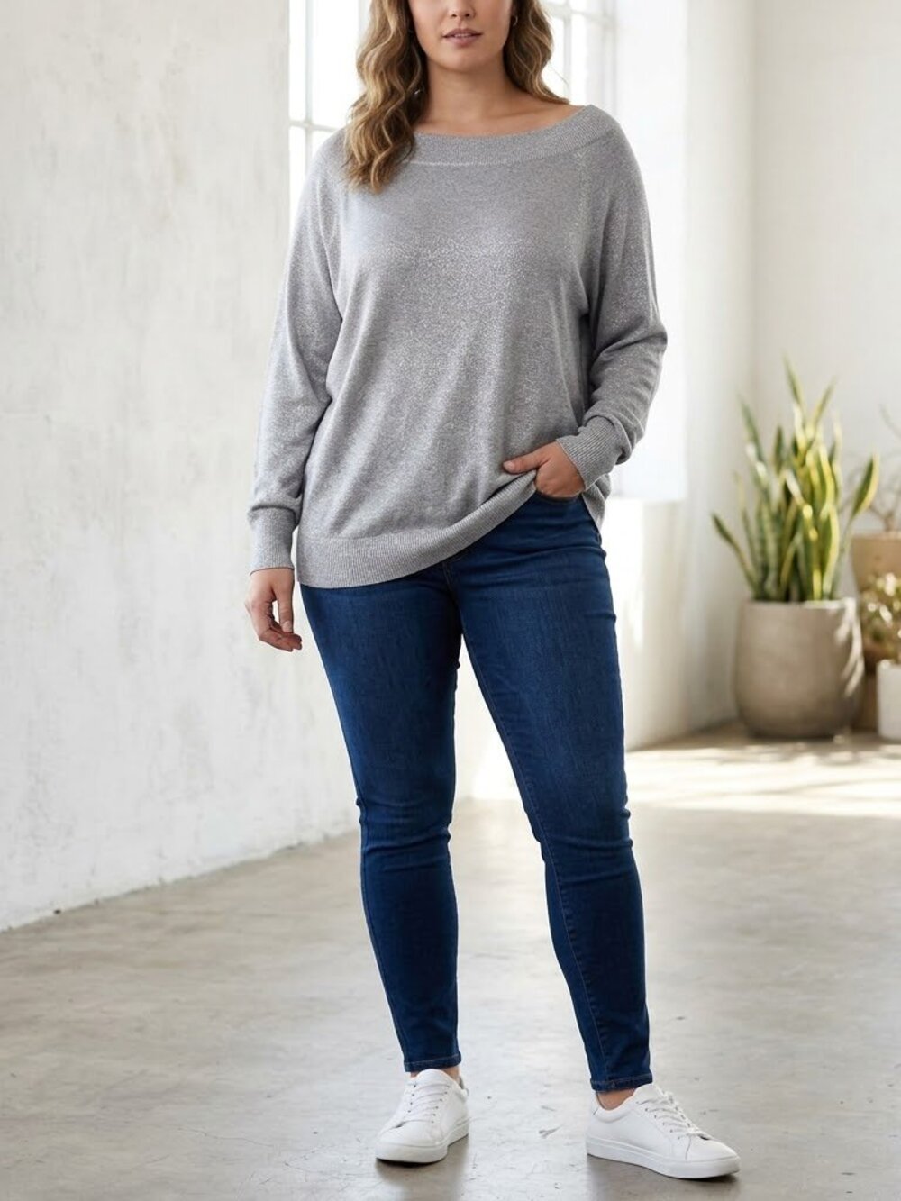 GAP Women's Metallic Shimmer Sweater Cotton Silver Size Medium Oversized Fit